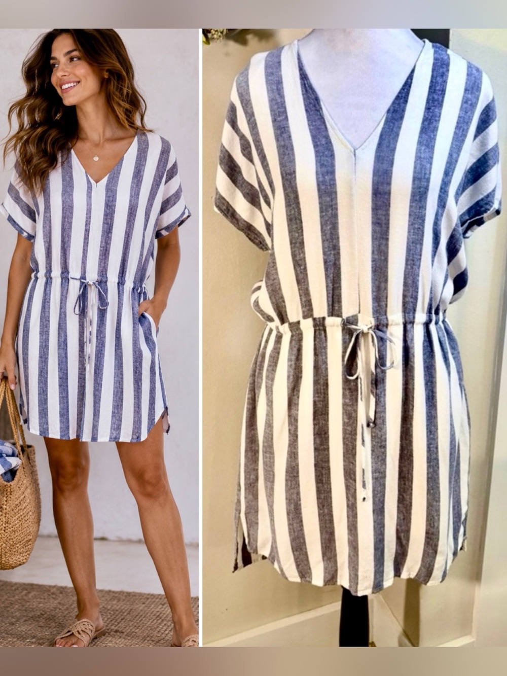 RAILS Wren Seattle Stripe Linen Blend Blue White V-Neck Cinch Waist Dress ~S💛